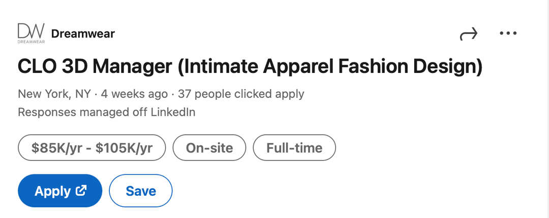 LinkedIn job post for 3D Fashion Designer