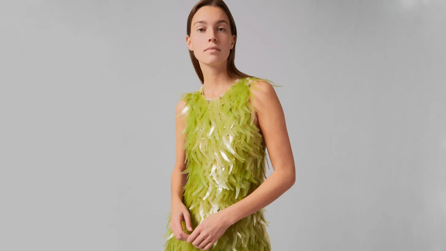 A dress with algae-based sequins and carbon-neutral fabric