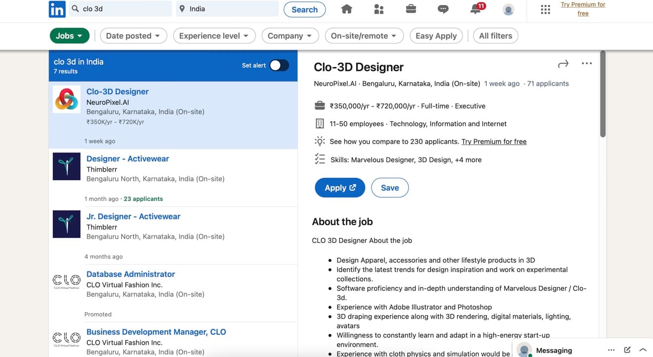 LinkedIn job search for digital fashion