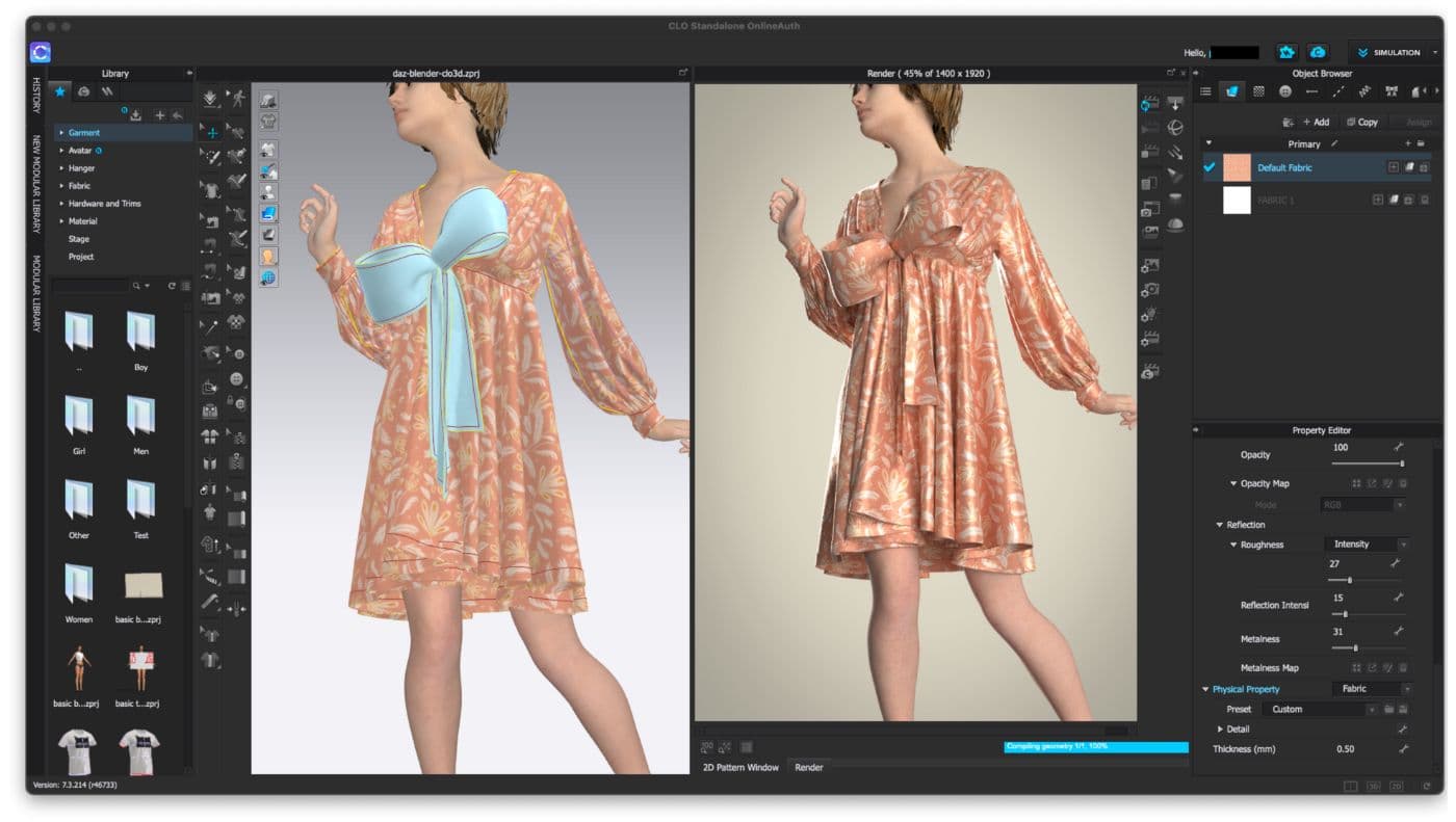 CLO3D Interface (Rendering of a dress)
