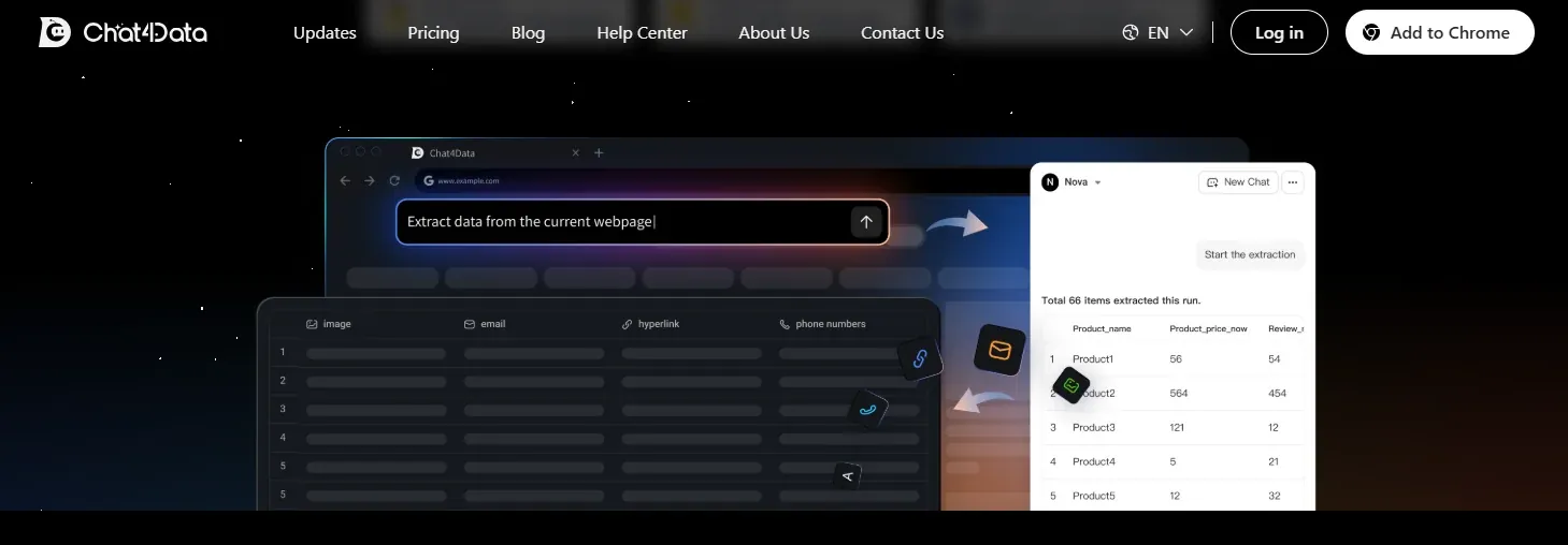 Chat4Data homepage interface with updates, pricing, blog, help, about, contact information, and add web extension options