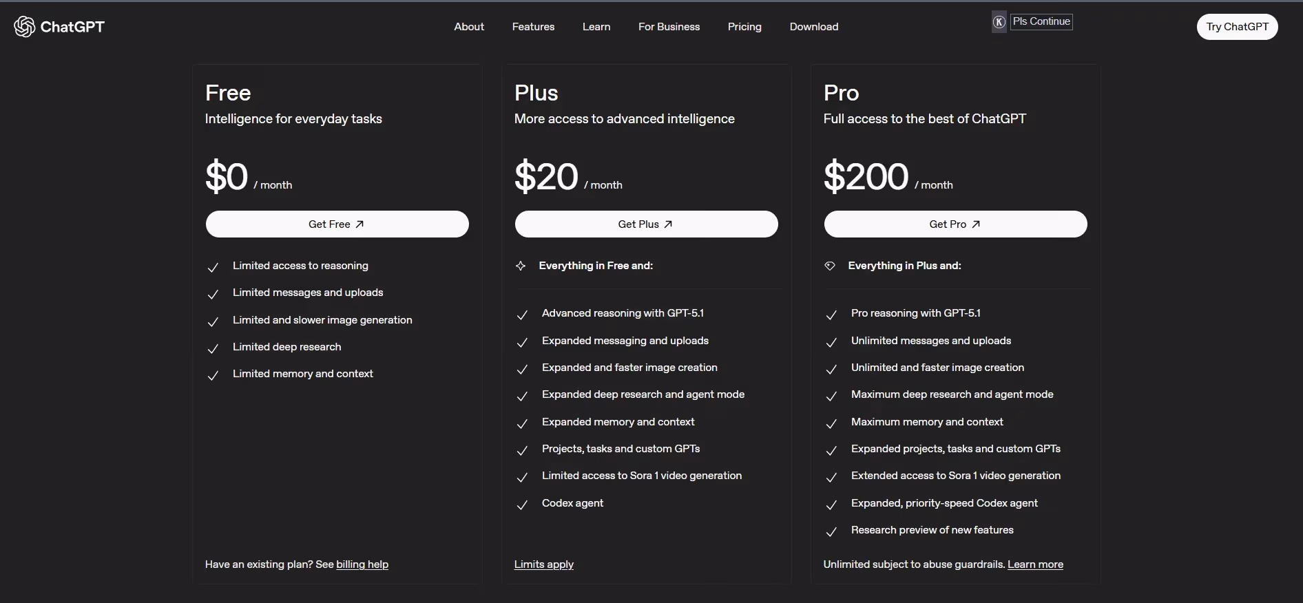 ChatGPT pricing options with Free, Plus, and Pro plans comparing monthly costs, features, image creation, and deep research options