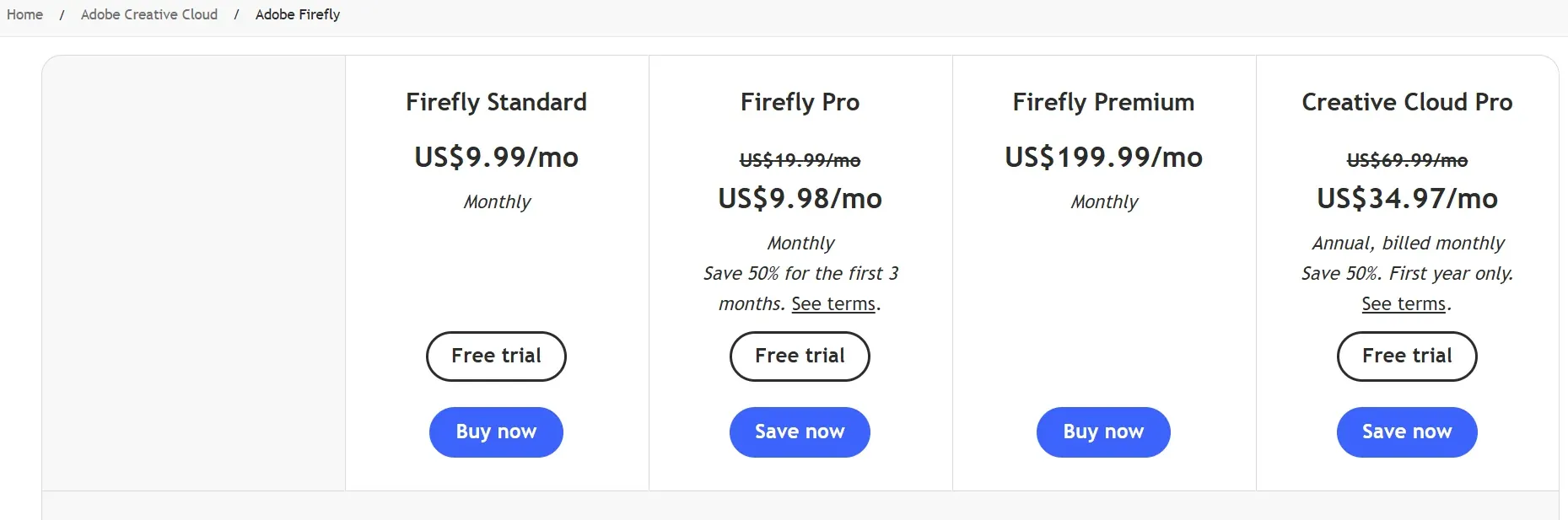 Adobe Firefly pricing comparing standard, pro, premium, and Creative Cloud Pro plans with monthly costs