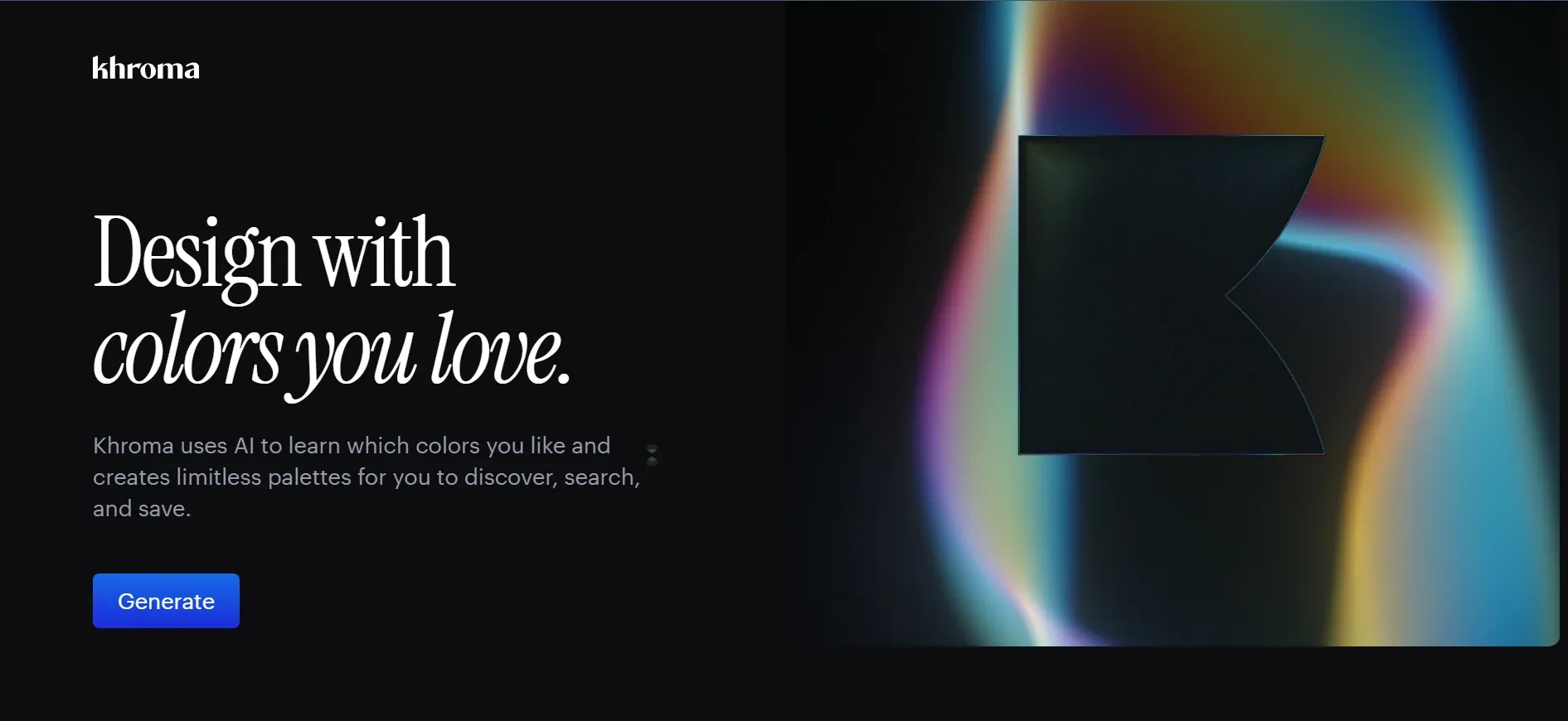 Khroma AI homepage with its logo, tagline, text explaining uses and generate button