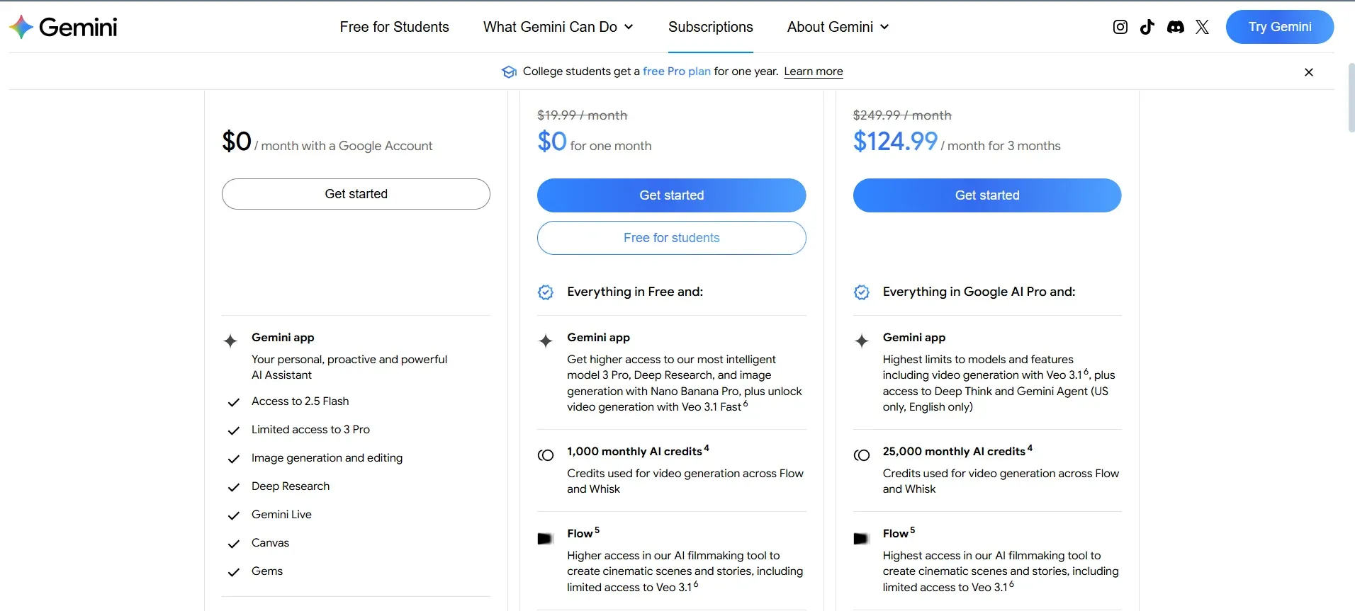 Gemini Nano Banana pricing plans with free, plus, and pro plans comparing features, app access, and monthly credits