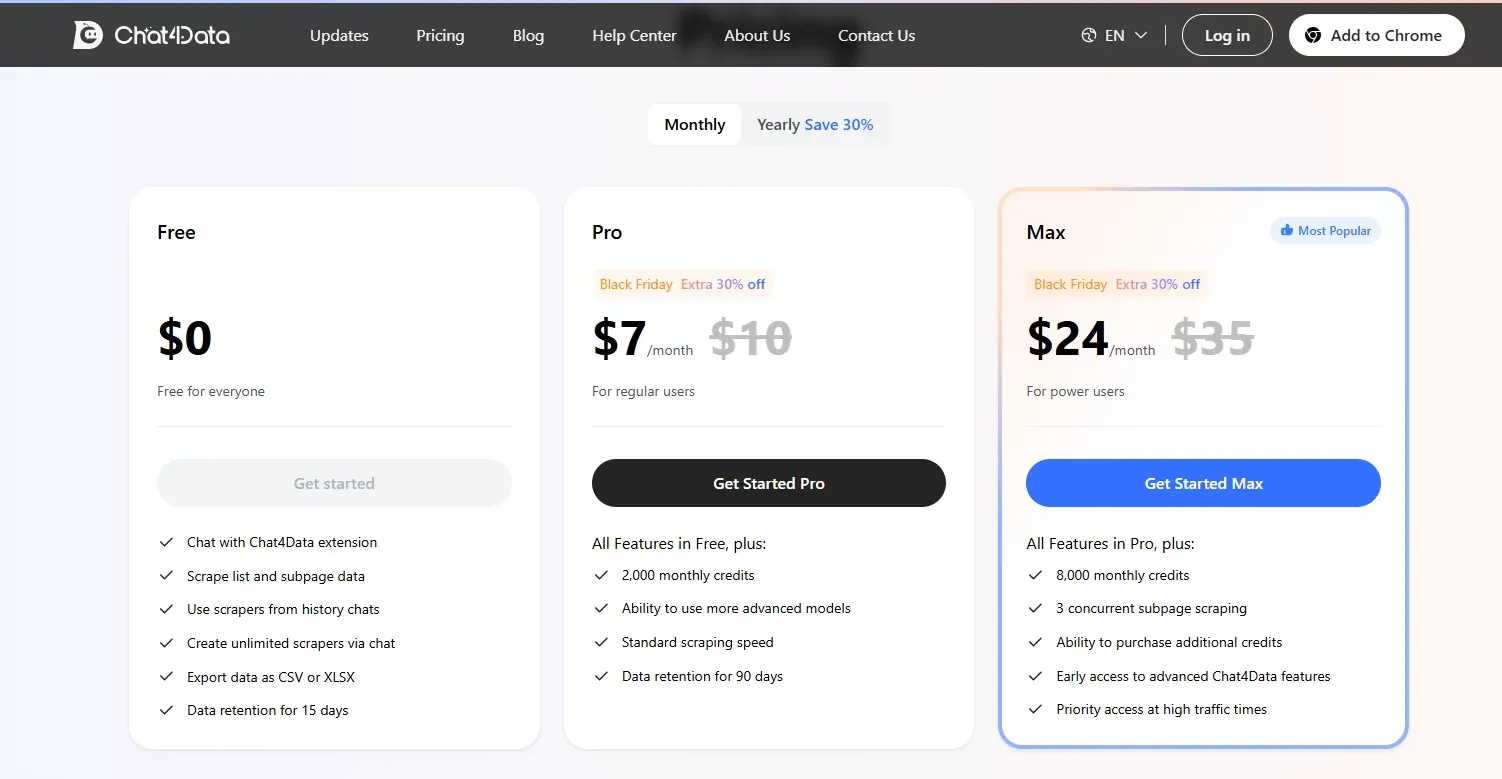 Chat4Data Pricing Options with Free, Pro, and Max plans comparing costs, scraping features, credits, and retention time