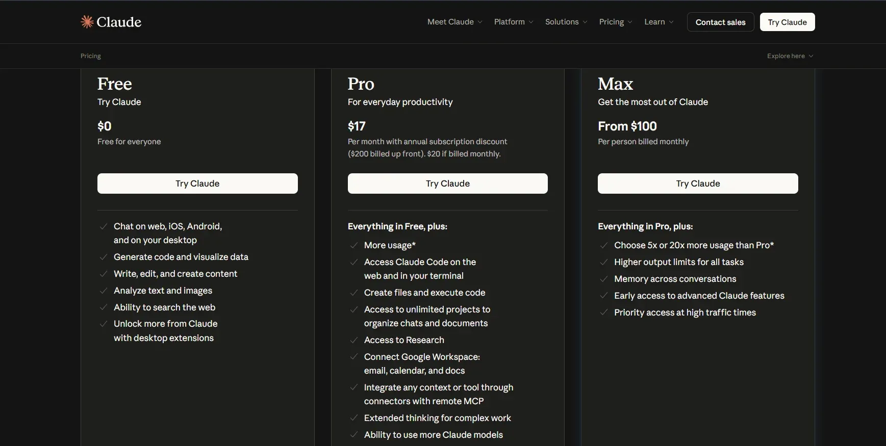 Claude AI Pricing page comparing Free, Pro, and Max plans with monthly costs and features