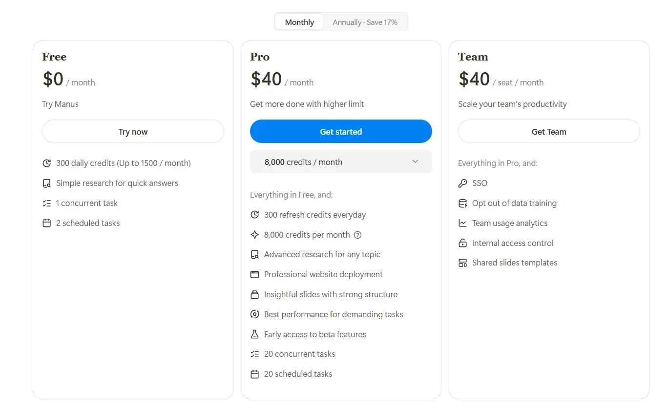 Manus AI pricing showing Free, Pro, and Team Rates comparing daily credits and features