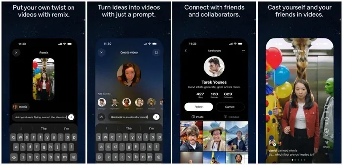 Four visuals of the Sora mobile app showing prompt-based video generation