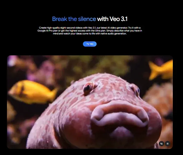 Veo 3.1 homepage with text describing features, AI-generated visual, and Try Veo button