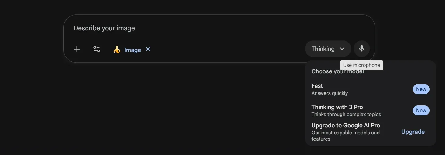 Google Nano Banana homepage with search bar and options showing fast, pro, and upgrade to Google AI buttons